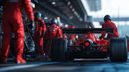 formula 1 red car parked near pit crew.