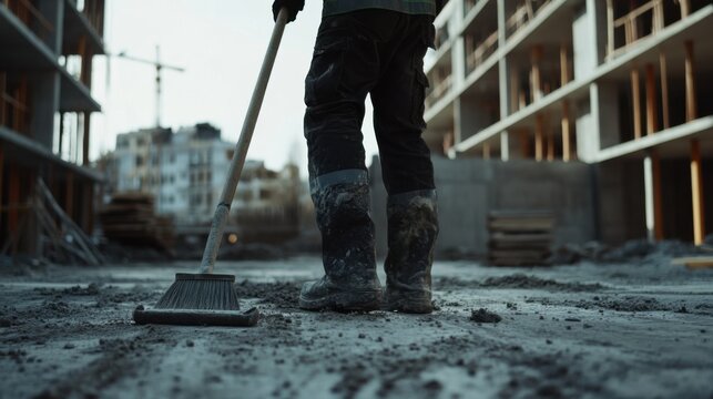 A construction worker cleaning a construction site with a broom. Featuring diligence and cleanliness