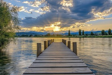 Fototapeta premium Tranquil Lakeside View A Wooden Pier Reaching Out to the Sunset's Glow