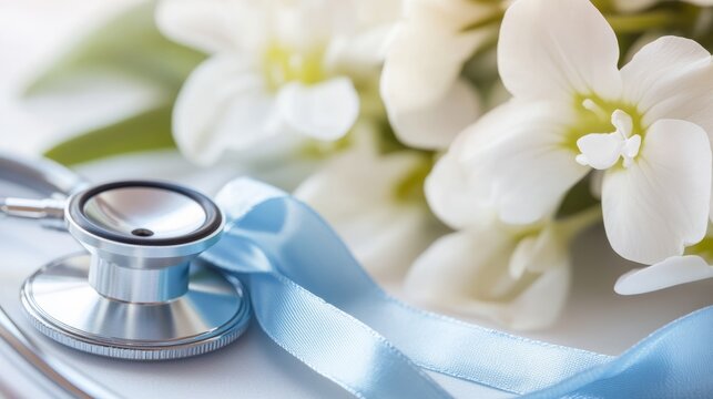 A nurse's stethoscope on white lilies with soft blue scrubs, symbolizing care and dedication on International Nurses Day.
