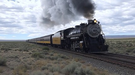 Obraz premium Powerful steam train locomotive pulls a passenger train across the desert landscape.
