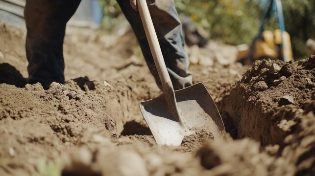 A construction worker digging the foundation trench with a shovel. Featuring manual labor and excavation