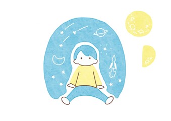 星空と宇宙と月と子ども © Shihomi
