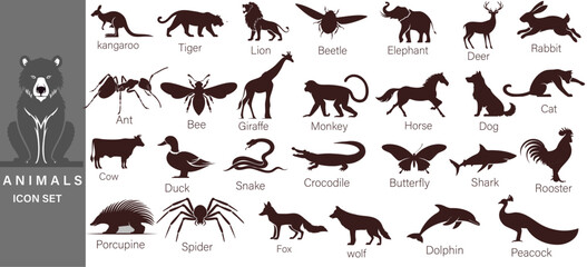 Animal silhouettes in a set Lion, elephant, bird, dog, cat, plus many other animals. Vector illustration