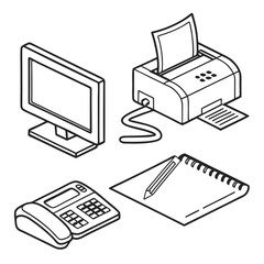 Isometric Office Set With Computer,Printer,Phone,Notepad,And Pencil In Line Art Style For Business And Technology Themes