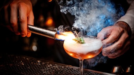 Bartender flamb?ing a cocktail with dry ice and herbs.