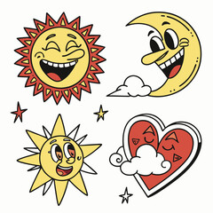 Fun Cartoon Weather Set With Smiling Sun Moon Heart And Stars On White Background Perfect For Design Assets And Creative Projects