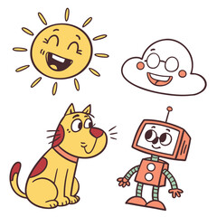 Happy Cartoon Set Sun Cloud Dog And Robot Vector Illustration Perfect For Childrens Designs And Educational Materials