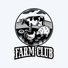 Farm House concept logo. Template with farm landscape.