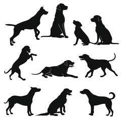 Collection Of Black Dog Silhouettes In Various Poses On A White Background For Creative Design Projects And Animal Illustrations