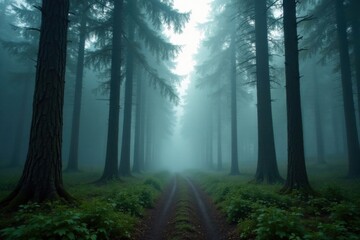 Obraz premium Misty forest with tall firs and foggy atmosphere, serene, fir forest