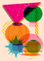 Risograph Chinese lantern with geometric shapes. Objects in trendy riso graph print texture style design with geometry elements. © Robert