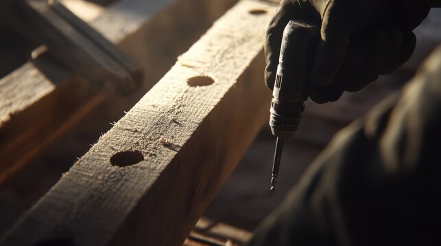 A construction worker drilling holes in a wooden beam for bolts. Featuring drilling and structural work
