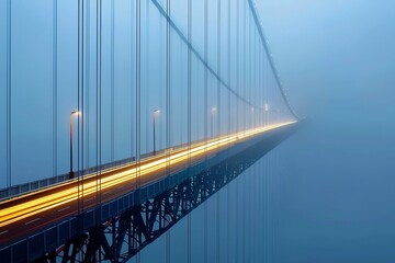 Obraz premium Long exposure car light trails a suspension bridge under indigo skies foggy atmosphere cinematic framing