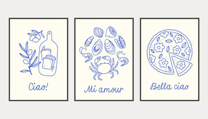 La dolce vita doodles placard or poster set. Vector illustration of italian style hand drawn posters. Wall art prints decor. Illustration for invitations, menus design.