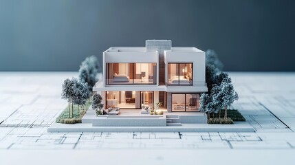 Building house on blueprint featuring project and model concept. Stylish architectural model of a modern house on plans.