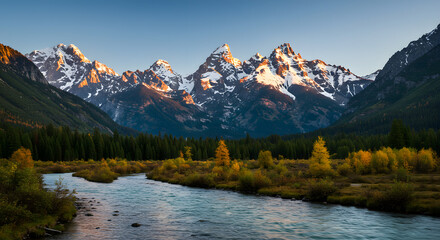 Snow Capped Mountain Peaks with River and Fall Foliage Landscape