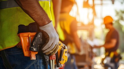 A dedicated construction worker holding a drill while surrounded by solar-powered equipment on a busy job site