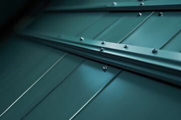 Obraz premium A construction worker fastening a metal roof with screws. Featuring roof installation and metalwork