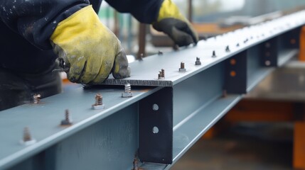 A construction worker fastening beams to a steel structure. Featuring precision and teamwork