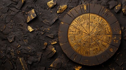 Obraz premium Weathered clay plate with traditional Egyptian hieroglyphics, golden edges, and sacred inscriptions, historical document design.