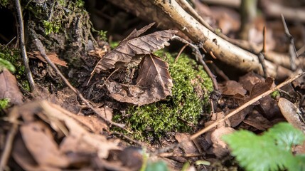 Closeup of Moss and Fallen Leaves on Forest Floor