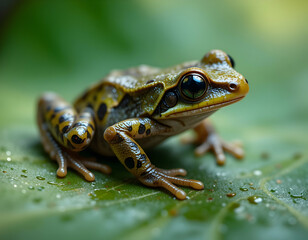 Fototapeta premium Frog Sitting on a Leaf with Water Droplets Close Up