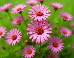 Obraz premium Blooming Pink Daisy Flowers on Green Field, Floral Spring Garden