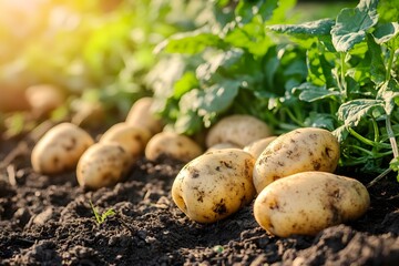 Fresh Potatoes in Garden Soil