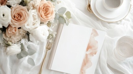 Fototapeta premium Elegant wedding stationery mock-up with delicate floral arrangement and tableware