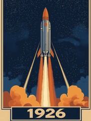 Obraz premium A retro-styled rocket ascends into a starry sky, surrounded by dramatic clouds and fiery exhaust. The design captures the spirit of early 20th-century space exploration, highlighting innovation.
