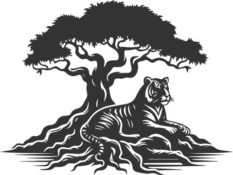 Tree with tiger animal vector silhouette