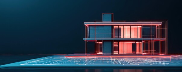 Fototapeta premium Building house on blueprint with model and vignetting concept. Futuristic house design with digital wireframe technology.