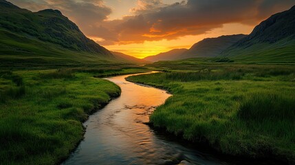 Serene mountain valley at golden sunset.