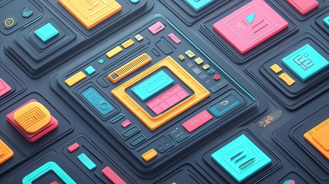 Colorful, layered interface design showcases a variety of controls.