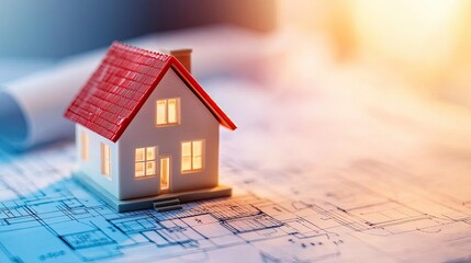 Building house on blueprint with model and vignetting concept. A miniature house model placed on architectural blueprints.