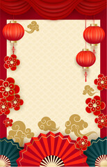 Oriental Decorative Background with Lanterns and Clouds. Stylish red and gold backdrop with Chinese lanterns, circular frames, and clouds. Great for invitations, event posters, and holiday banners.