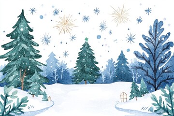 Naklejka premium A serene winter landscape featuring snow-covered trees and a gentle snowfall, creating a peaceful and festive atmosphere.