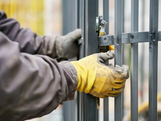 A construction worker fixing a metal gate at a residential site. Featuring gate installation and metalwork