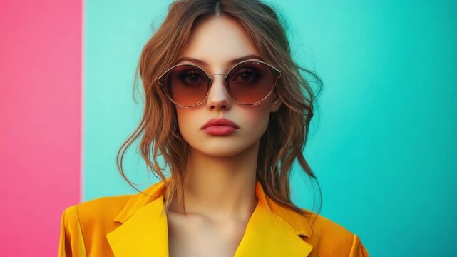 Stylish Young Woman with Sunglasses: A fashionable young woman with wavy brown hair and stylish sunglasses strikes a pose against a vibrant backdrop.