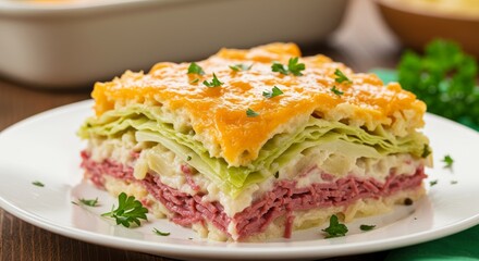 Delicious corned beef and cabbage casserole with golden cheesy topping close-up