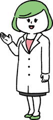 説明している白衣を着た女性（全身）