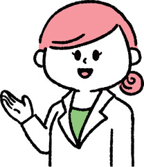 説明している白衣を着た女性