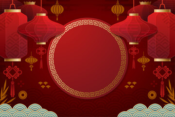 Oriental Decorative Background with Lanterns and Clouds. Stylish red and gold backdrop with Chinese lanterns, circular frames, and clouds. Great for invitations, event posters, and holiday banners.