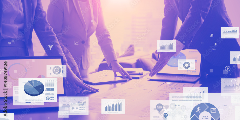Aufkleber group of business people in a meeting and digital data. horizontal visual for banners and advertisem