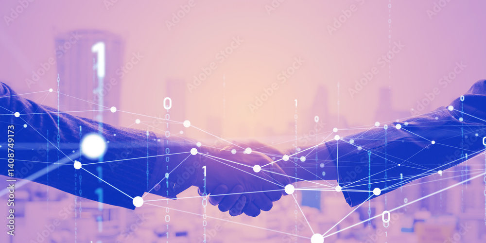 Aufkleber group of business people shaking hands and digital network. horizontal visual for banners and advert