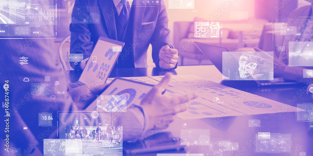 Poster group of business people in a meeting and digital data. horizontal visual for banners and advertisem