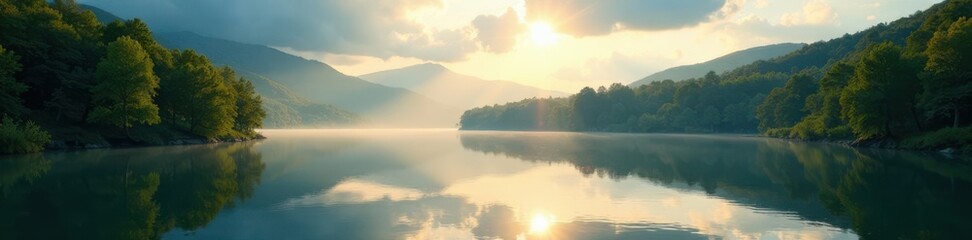 Fototapeta premium Panorama of a serene lake with sunbeams breaking through trees, trees, landscape