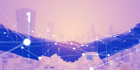 Group of business people shaking hands and digital network. Horizontal visual for banners and advertisements.