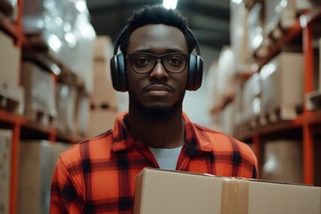 Obraz premium Warehouse worker with headphones and package